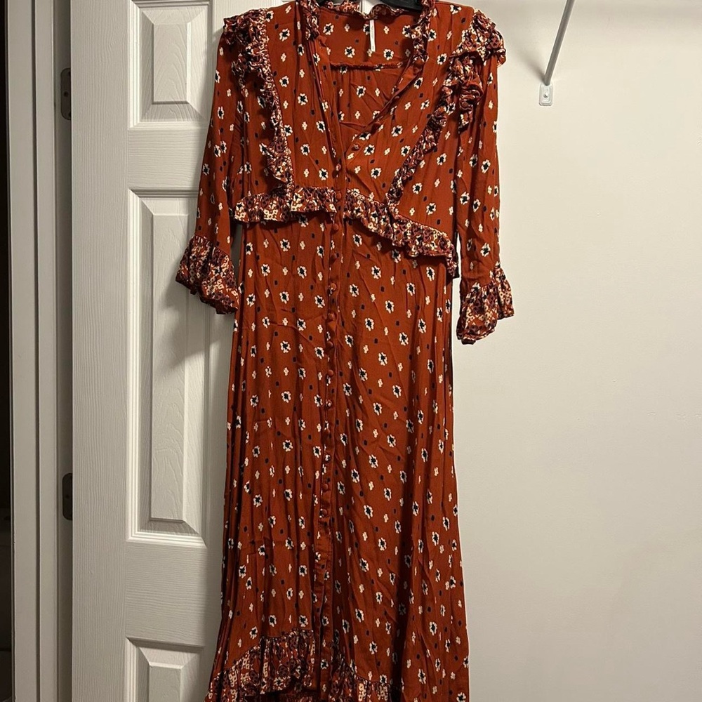 Free People Orange Tiered Sundress with Bishop Sleeves